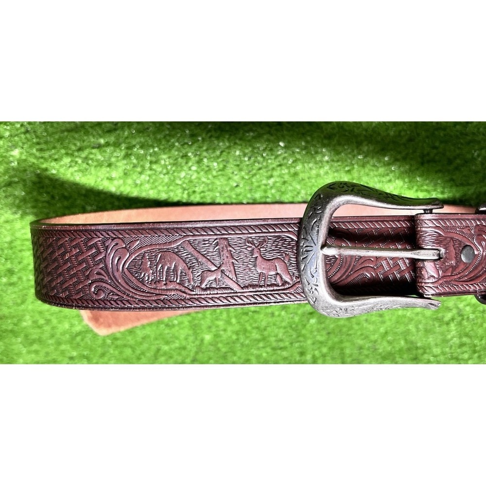 Vintage Handtooled Leather Belt SZ 44 Western Embossed Buck Deer Hunting Western